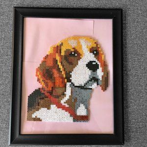 Vintage 90s Handmade Hound DOG Framed Perler Bead Art, 13"x16"